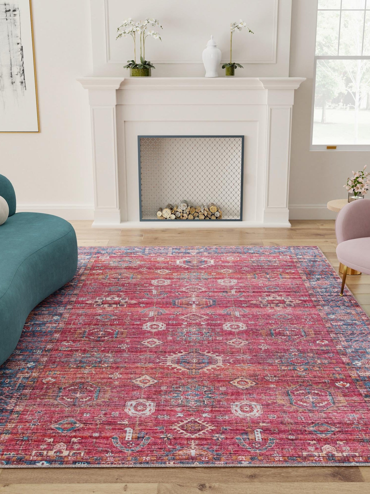 Washable Antique Red 7' 3 x 10' Maahru Rectangle Area Rug Easy to Clean Stain Resistant & Durable Polyester Chenille Carpet for Living, Dining, Bedrooms, Kitchen for Sale at Rug Engine