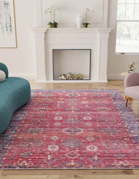 Washable Antique Red 7' 3 x 10' Maahru Rectangle Area Rug Easy to Clean Stain Resistant & Durable Polyester Chenille Carpet for Living, Dining, Bedrooms, Kitchen for Sale at Rug Engine