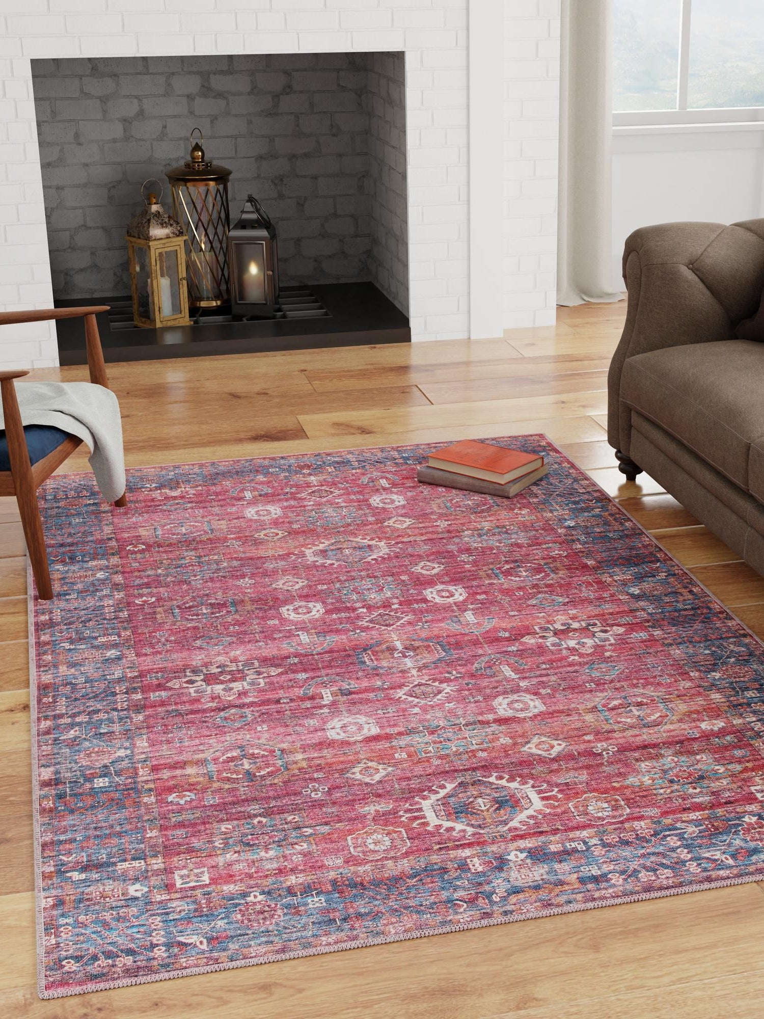 Washable Antique Red 2' x 3' 1 Maahru Rectangle Area Rug Easy to Clean Stain Resistant & Durable Polyester Chenille Carpet for Living, Dining, Bedrooms, Kitchen for Sale at Rug Engine