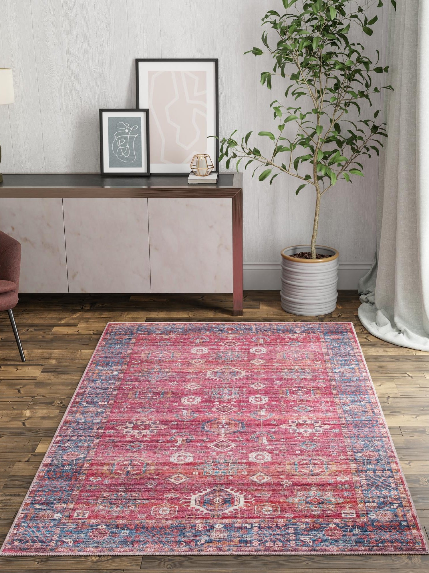 Washable Antique Red 6' 1 x 9' Maahru Rectangle Area Rug Easy to Clean Stain Resistant & Durable Polyester Chenille Carpet for Living, Dining, Bedrooms, Kitchen for Sale at Rug Engine