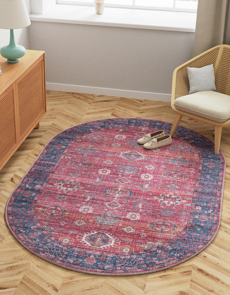 Washable Antique Red 2' x 3' 1 Maahru Oval Area Rug Easy to Clean Stain Resistant & Durable Polyester Chenille Carpet for Living, Dining, Bedrooms, Kitchen for Sale at Rug Engine