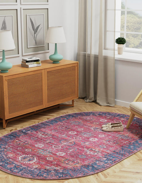 Washable Antique Red 2' x 3' 1 Maahru Oval Area Rug Easy to Clean Stain Resistant & Durable Polyester Chenille Carpet for Living, Dining, Bedrooms, Kitchen for Sale at Rug Engine