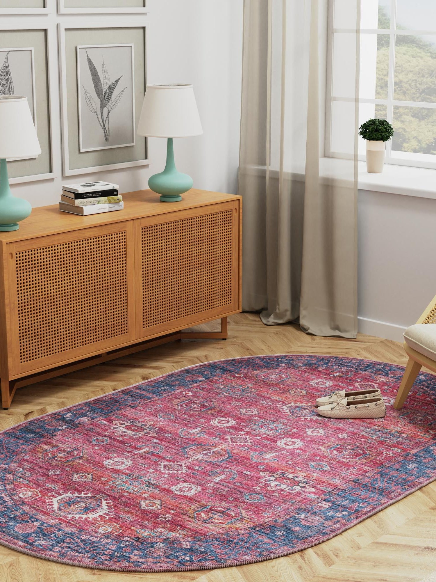 Washable Antique Red 4' 1 x 6' 1 Maahru Oval Area Rug Easy to Clean Stain Resistant & Durable Polyester Chenille Carpet for Living, Dining, Bedrooms, Kitchen for Sale at Rug Engine