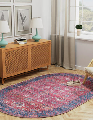 Washable Antique Red 5' 3 x 8' Maahru Oval Area Rug Easy to Clean Stain Resistant & Durable Polyester Chenille Carpet for Living, Dining, Bedrooms, Kitchen for Sale at Rug Engine