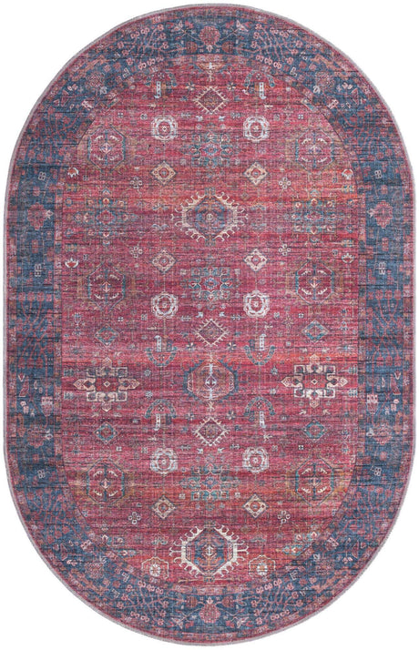 Washable Antique Red 5' 3 x 8' Maahru Oval Area Rug Easy to Clean Stain Resistant & Durable Polyester Chenille Carpet for Living, Dining, Bedrooms, Kitchen for Sale at Rug Engine