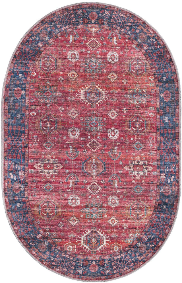 Washable Antique Red 4' 1 x 6' 1 Maahru Oval Area Rug Easy to Clean Stain Resistant & Durable Polyester Chenille Carpet for Living, Dining, Bedrooms, Kitchen for Sale at Rug Engine