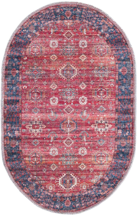 Washable Antique Red 2' x 3' 1 Maahru Oval Area Rug Easy to Clean Stain Resistant & Durable Polyester Chenille Carpet for Living, Dining, Bedrooms, Kitchen for Sale at Rug Engine