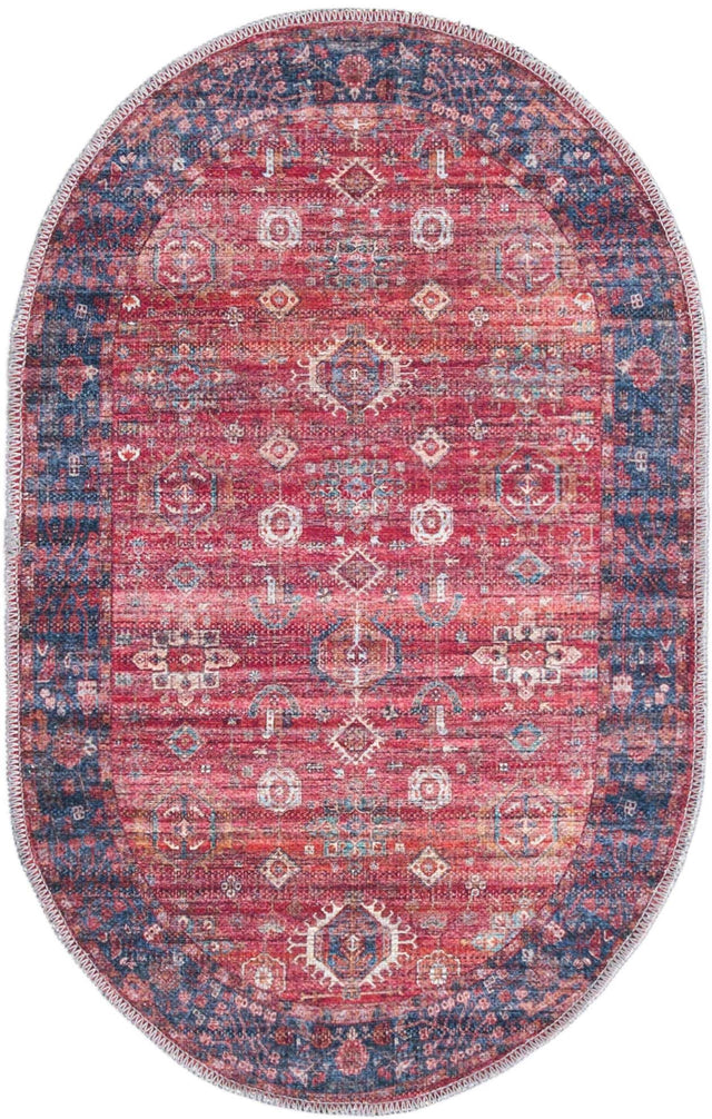 Washable Antique Red 2' x 3' 1 Maahru Oval Area Rug Easy to Clean Stain Resistant & Durable Polyester Chenille Carpet for Living, Dining, Bedrooms, Kitchen for Sale at Rug Engine