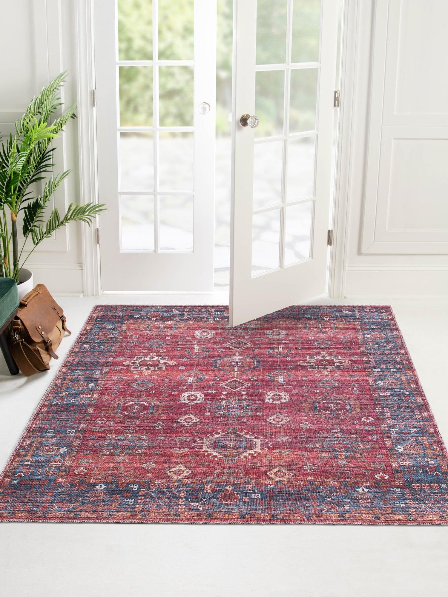 Washable Antique Red 7' 10 x 7' 10 Maahru Square Area Rug Easy to Clean Stain Resistant & Durable Polyester Chenille Carpet for Living, Dining, Bedrooms, Kitchen for Sale at Rug Engine