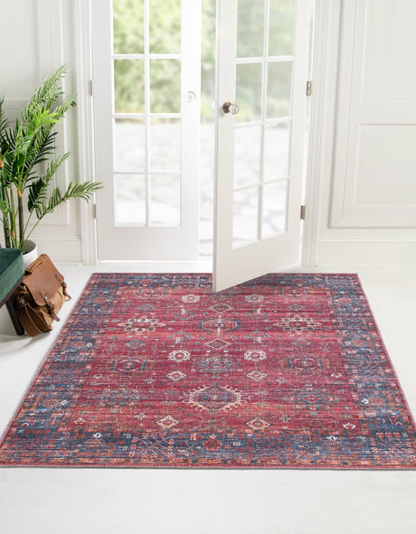 Washable Antique Red 7' 10 x 7' 10 Maahru Square Area Rug Easy to Clean Stain Resistant & Durable Polyester Chenille Carpet for Living, Dining, Bedrooms, Kitchen for Sale at Rug Engine