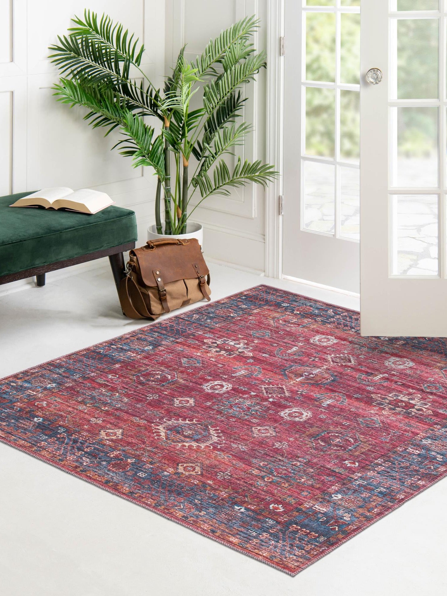 Washable Antique Red 3' 3 x 3' 3 Maahru Square Area Rug Easy to Clean Stain Resistant & Durable Polyester Chenille Carpet for Living, Dining, Bedrooms, Kitchen for Sale at Rug Engine