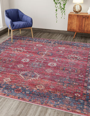 Washable Antique Red 7' 3 x 7' 3 Maahru Square Area Rug Easy to Clean Stain Resistant & Durable Polyester Chenille Carpet for Living, Dining, Bedrooms, Kitchen for Sale at Rug Engine