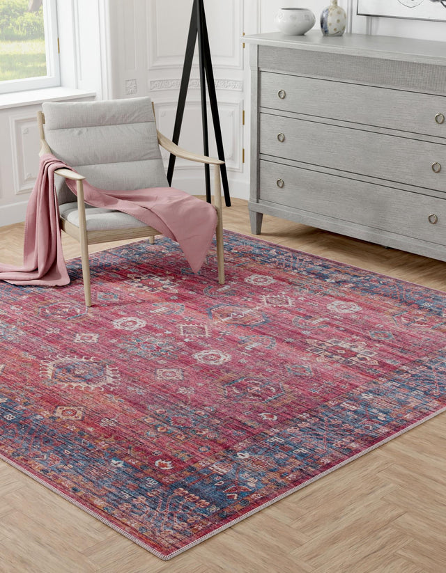 Washable Antique Red 7' 3 x 7' 3 Maahru Square Area Rug Easy to Clean Stain Resistant & Durable Polyester Chenille Carpet for Living, Dining, Bedrooms, Kitchen for Sale at Rug Engine