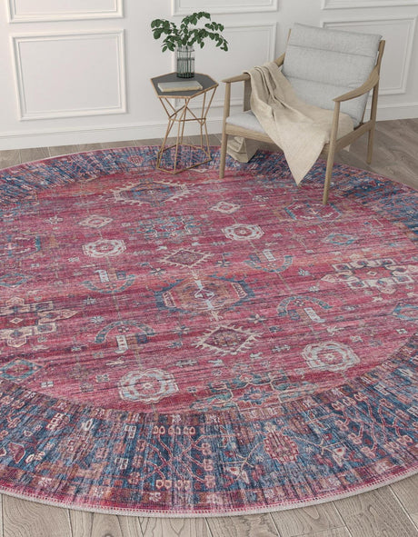 Washable Antique Red 10' 6 x 10' 6 Maahru Round Area Rug Easy to Clean Stain Resistant & Durable Polyester Chenille Carpet for Living, Dining, Bedrooms, Kitchen for Sale at Rug Engine