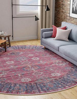 Washable Antique Red 10' 6 x 10' 6 Maahru Round Area Rug Easy to Clean Stain Resistant & Durable Polyester Chenille Carpet for Living, Dining, Bedrooms, Kitchen for Sale at Rug Engine