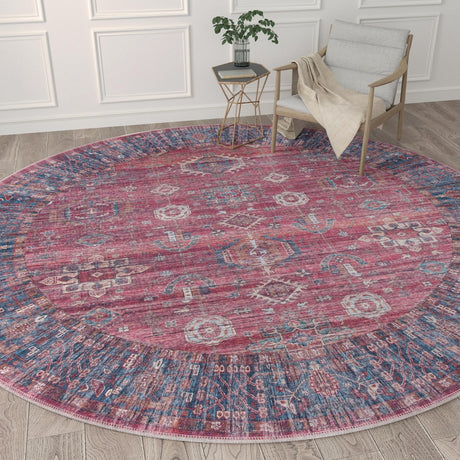 Washable Antique Red 10' 6 x 10' 6 Maahru Round Area Rug Easy to Clean Stain Resistant & Durable Polyester Chenille Carpet for Living, Dining, Bedrooms, Kitchen for Sale at Rug Engine