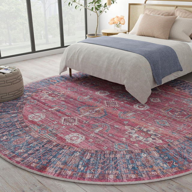 Washable Antique Red 10' 6 x 10' 6 Maahru Round Area Rug Easy to Clean Stain Resistant & Durable Polyester Chenille Carpet for Living, Dining, Bedrooms, Kitchen for Sale at Rug Engine
