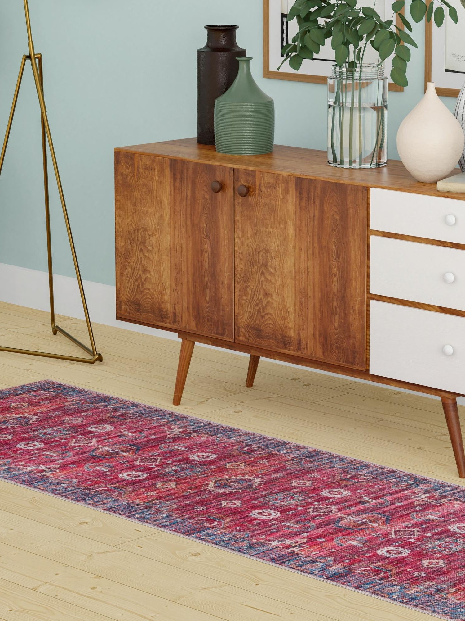 Washable Antique Red 2' 7 x 13' 1 Maahru Runner Area Rug Easy to Clean Stain Resistant & Durable Polyester Chenille Carpet for Living, Dining, Bedrooms, Kitchen for Sale at Rug Engine