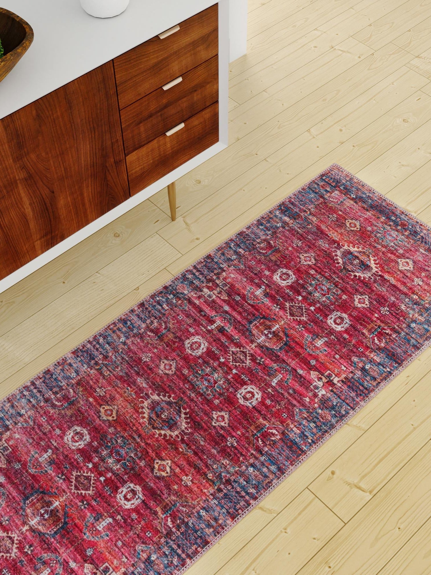 Washable Antique Red 2' x 6' 1 Maahru Runner Area Rug Easy to Clean Stain Resistant & Durable Polyester Chenille Carpet for Living, Dining, Bedrooms, Kitchen for Sale at Rug Engine