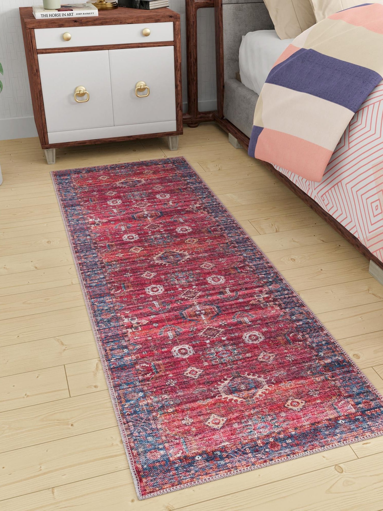 Washable Antique Red 2' x 8' Maahru Runner Area Rug Easy to Clean Stain Resistant & Durable Polyester Chenille Carpet for Living, Dining, Bedrooms, Kitchen for Sale at Rug Engine