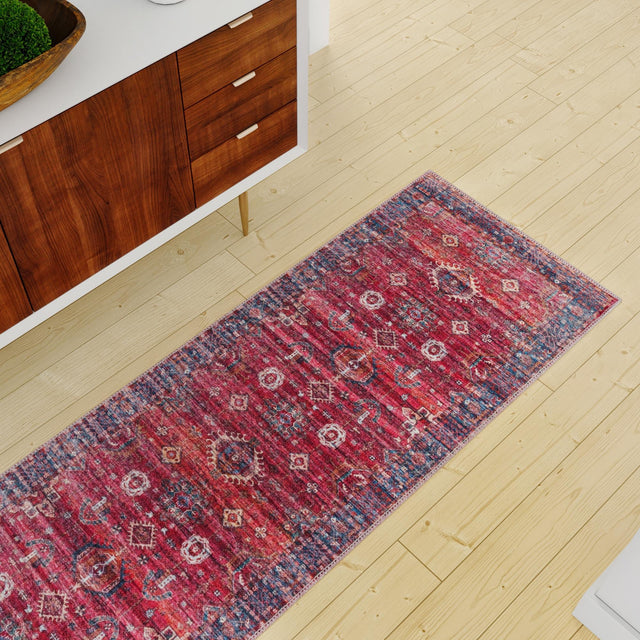 Washable Antique Red 2' x 6' 1 Maahru Runner Area Rug Easy to Clean Stain Resistant & Durable Polyester Chenille Carpet for Living, Dining, Bedrooms, Kitchen for Sale at Rug Engine