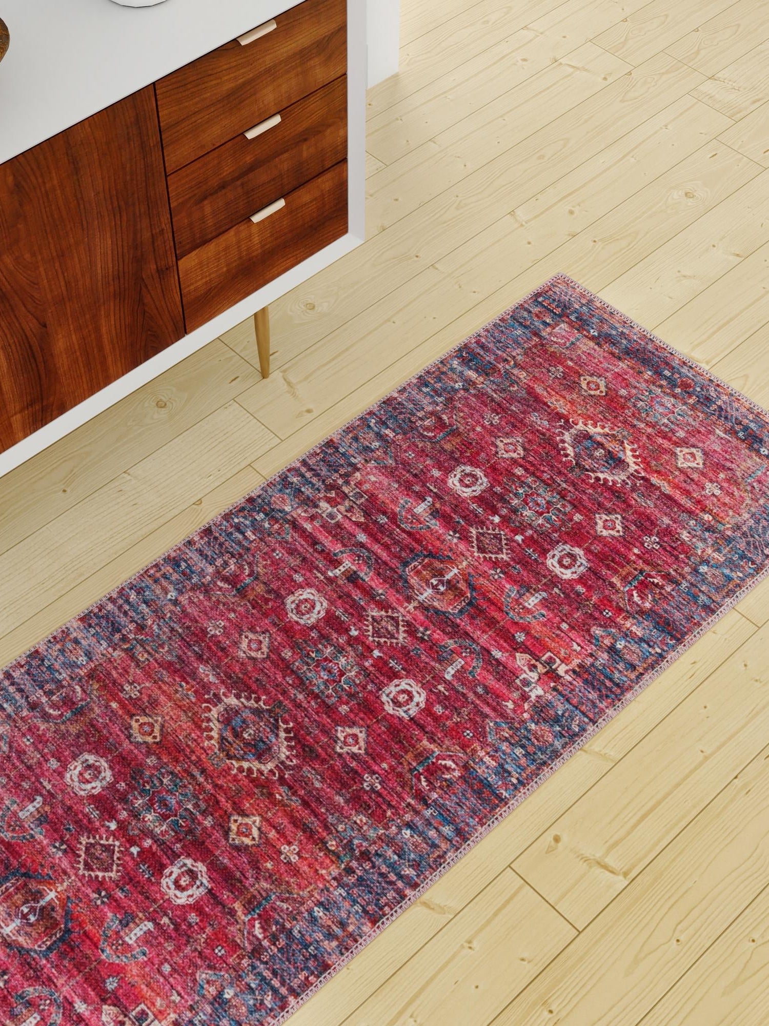 Washable Antique Red 2' 7 x 13' 1 Maahru Runner Area Rug Easy to Clean Stain Resistant & Durable Polyester Chenille Carpet for Living, Dining, Bedrooms, Kitchen for Sale at Rug Engine