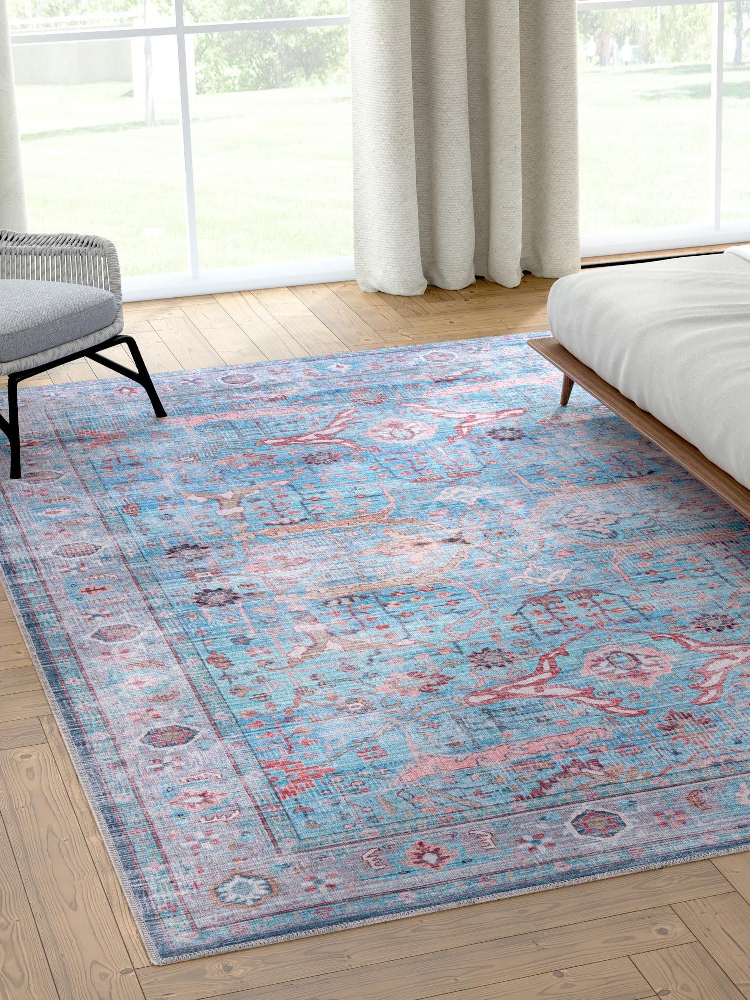 Washable Blue 9' 2 x 12' Maahru Rectangle Area Rug Easy to Clean Stain Resistant & Durable Polyester Chenille Carpet for Living, Dining, Bedrooms, Kitchen for Sale at Rug Engine