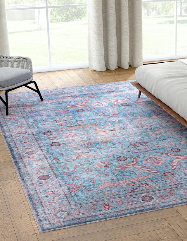 Washable Blue 9' 2 x 12' Maahru Rectangle Area Rug Easy to Clean Stain Resistant & Durable Polyester Chenille Carpet for Living, Dining, Bedrooms, Kitchen for Sale at Rug Engine