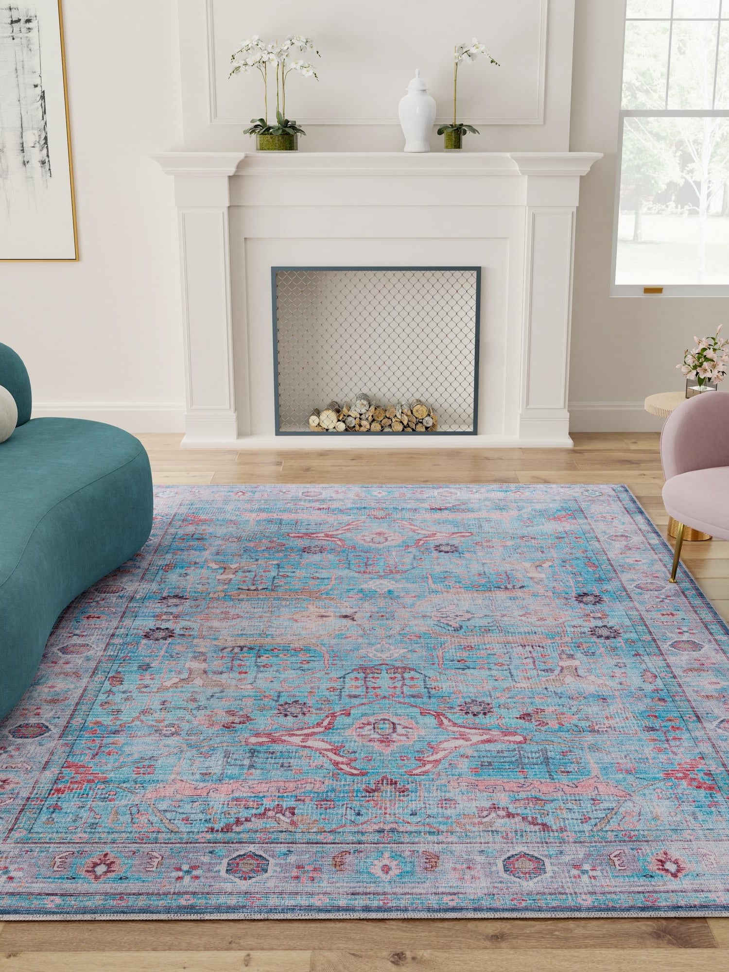 Washable Blue 2' x 3' 1 Maahru Rectangle Area Rug Easy to Clean Stain Resistant & Durable Polyester Chenille Carpet for Living, Dining, Bedrooms, Kitchen for Sale at Rug Engine