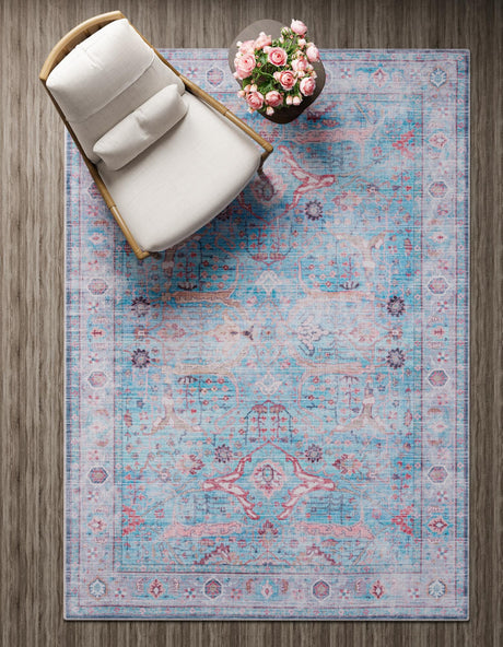 Washable Blue 9' 2 x 12' Maahru Rectangle Area Rug Easy to Clean Stain Resistant & Durable Polyester Chenille Carpet for Living, Dining, Bedrooms, Kitchen for Sale at Rug Engine