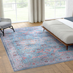 Washable Blue 9' 2 x 12' Maahru Rectangle Area Rug Easy to Clean Stain Resistant & Durable Polyester Chenille Carpet for Living, Dining, Bedrooms, Kitchen for Sale at Rug Engine