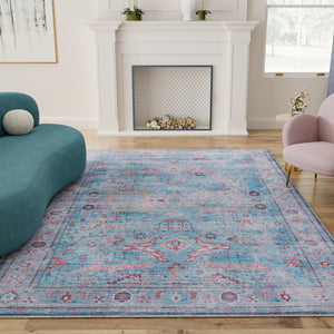 Washable Blue 9' 2 x 12' Maahru Rectangle Area Rug Easy to Clean Stain Resistant & Durable Polyester Chenille Carpet for Living, Dining, Bedrooms, Kitchen for Sale at Rug Engine
