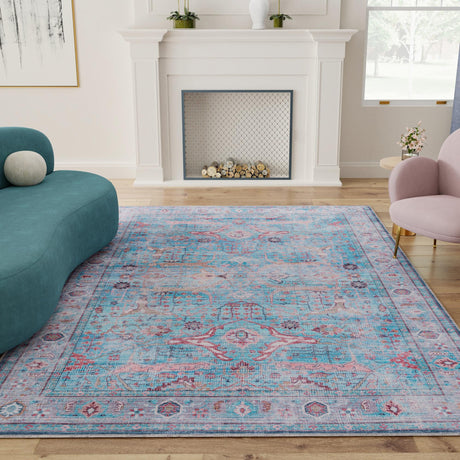 Washable Blue 9' 2 x 12' Maahru Rectangle Area Rug Easy to Clean Stain Resistant & Durable Polyester Chenille Carpet for Living, Dining, Bedrooms, Kitchen for Sale at Rug Engine