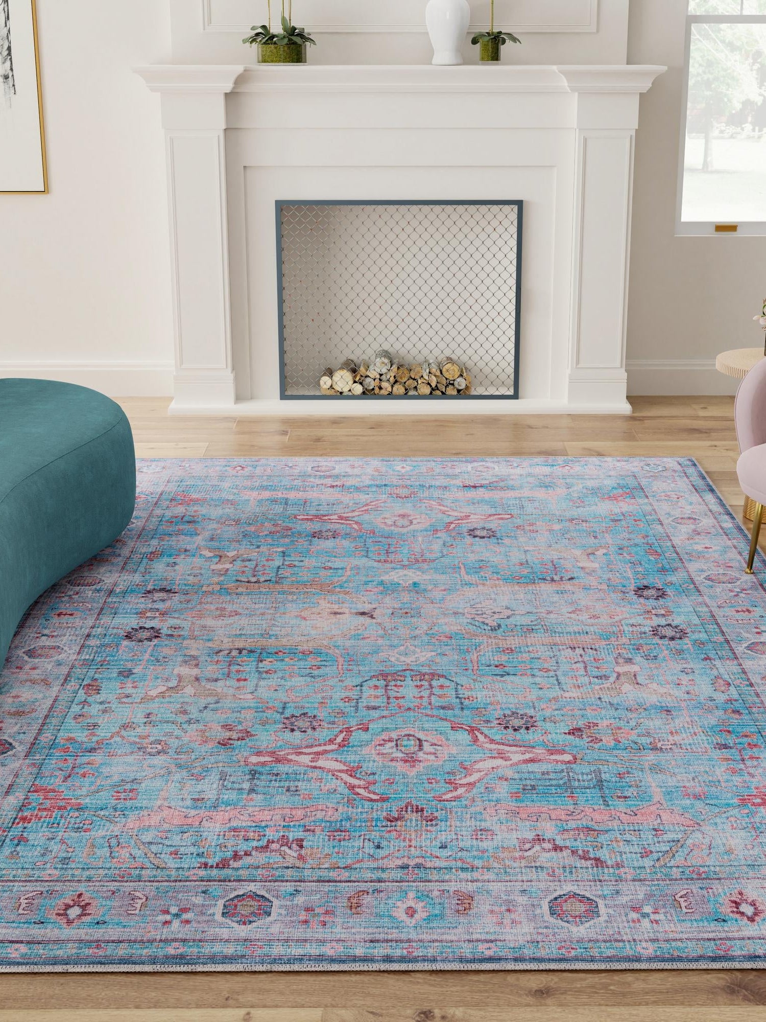 Washable Blue 10' 6 x 13' 1 Maahru Rectangle Area Rug Easy to Clean Stain Resistant & Durable Polyester Chenille Carpet for Living, Dining, Bedrooms, Kitchen for Sale at Rug Engine