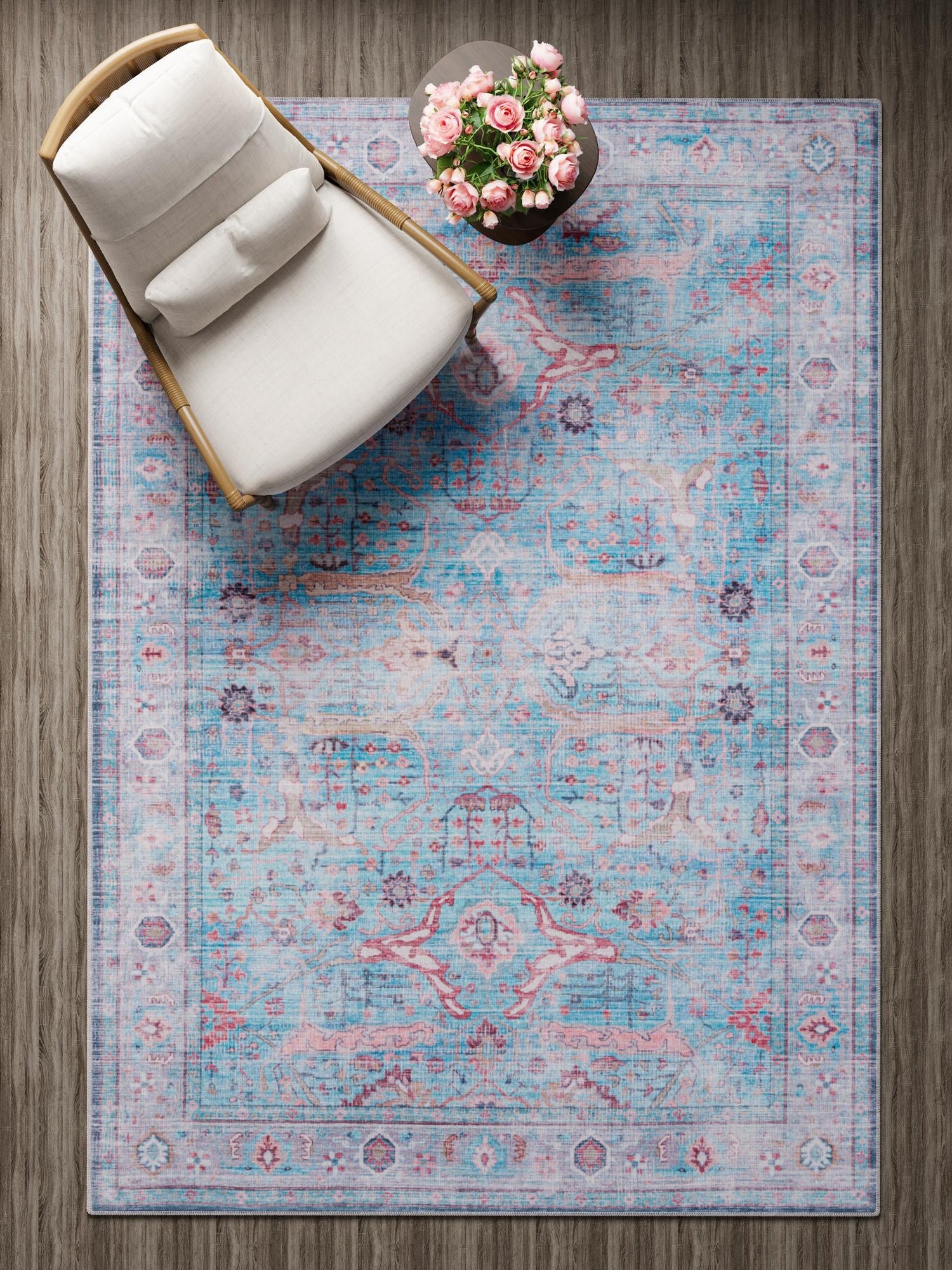 Washable Blue 7' 10 x 10' Maahru Rectangle Area Rug Easy to Clean Stain Resistant & Durable Polyester Chenille Carpet for Living, Dining, Bedrooms, Kitchen for Sale at Rug Engine