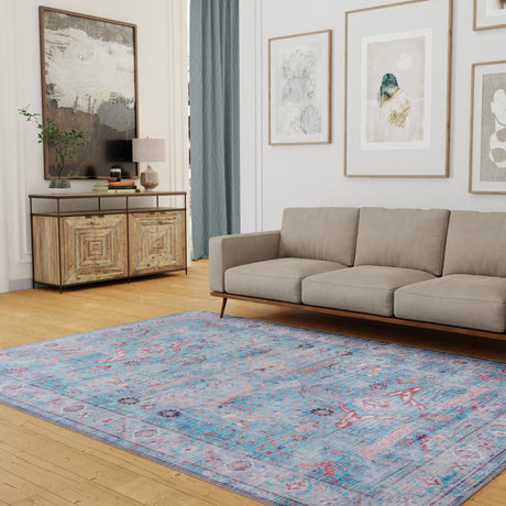 Washable Blue 10' 6 x 13' 1 Maahru Rectangle Area Rug Easy to Clean Stain Resistant & Durable Polyester Chenille Carpet for Living, Dining, Bedrooms, Kitchen for Sale at Rug Engine