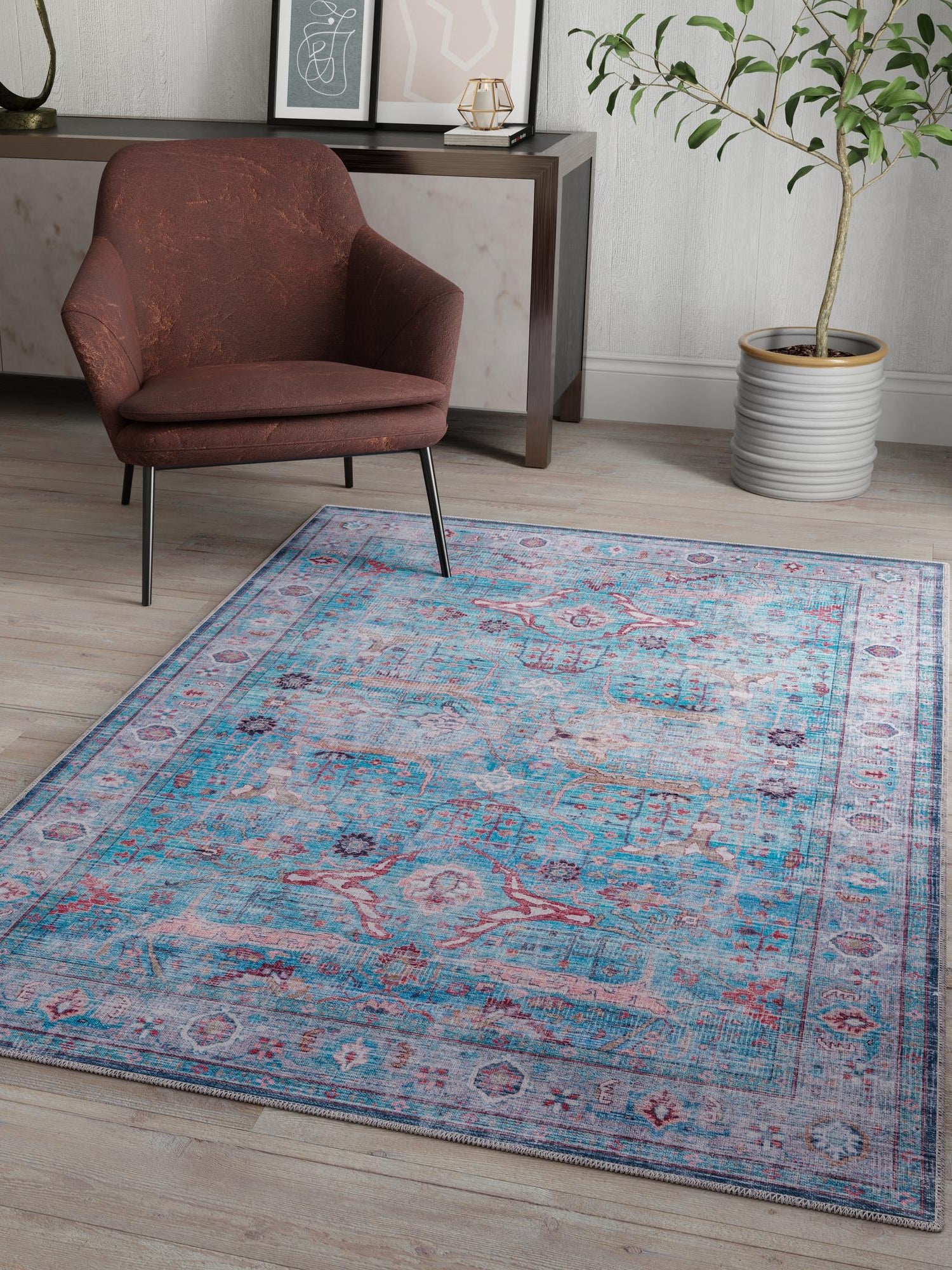 Washable Blue 2' x 3' 1 Maahru Rectangle Area Rug Easy to Clean Stain Resistant & Durable Polyester Chenille Carpet for Living, Dining, Bedrooms, Kitchen for Sale at Rug Engine