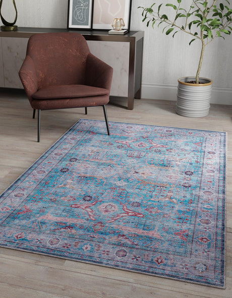 Washable Blue 4' 1 x 6' 1 Maahru Rectangle Area Rug Easy to Clean Stain Resistant & Durable Polyester Chenille Carpet for Living, Dining, Bedrooms, Kitchen for Sale at Rug Engine
