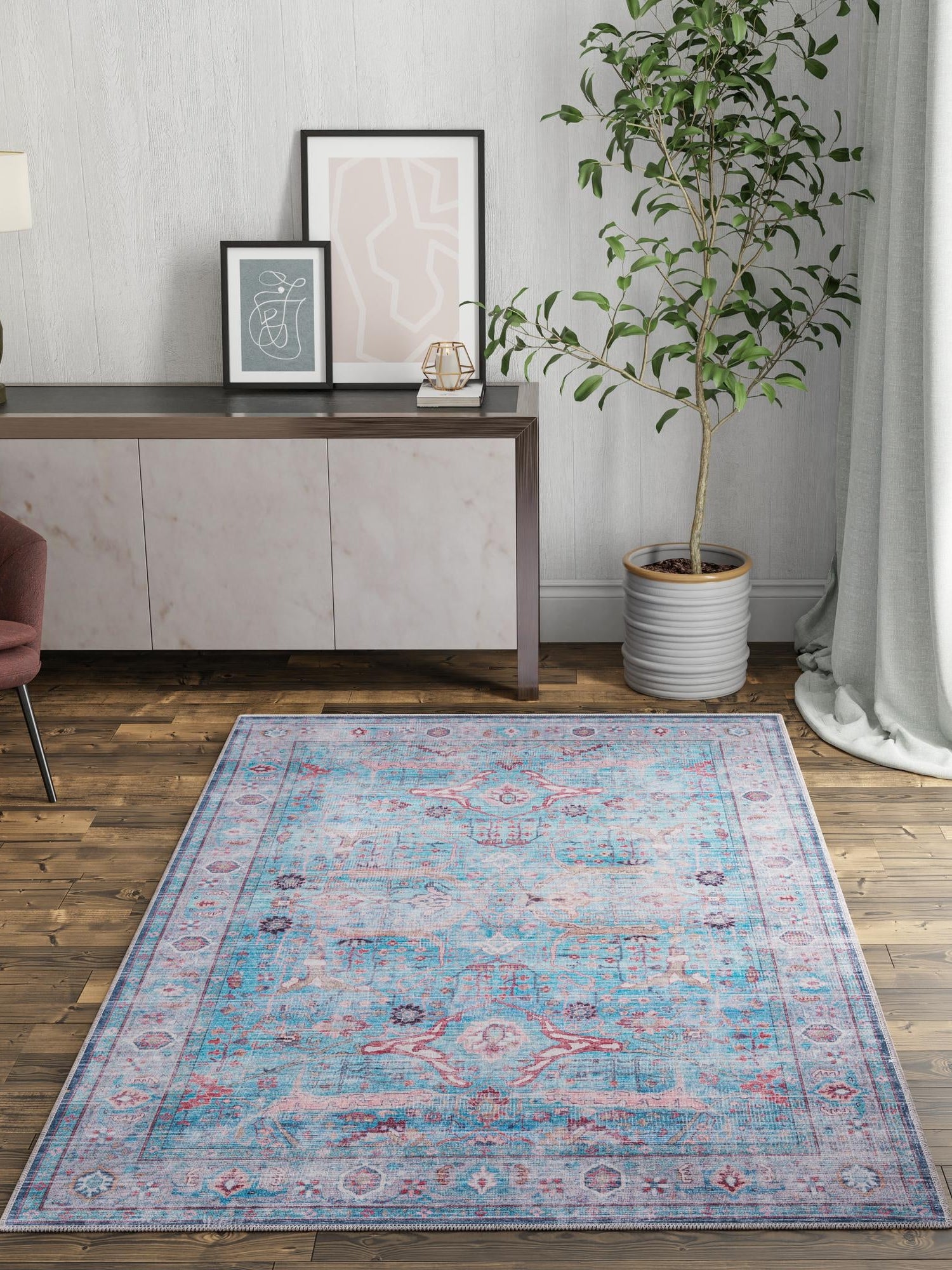 Washable Blue 2' x 3' 1 Maahru Rectangle Area Rug Easy to Clean Stain Resistant & Durable Polyester Chenille Carpet for Living, Dining, Bedrooms, Kitchen for Sale at Rug Engine