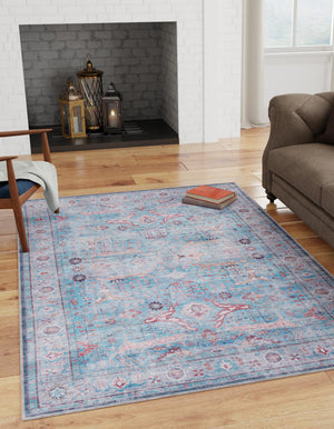 Washable Blue 9' 2 x 12' Maahru Rectangle Area Rug Easy to Clean Stain Resistant & Durable Polyester Chenille Carpet for Living, Dining, Bedrooms, Kitchen for Sale at Rug Engine