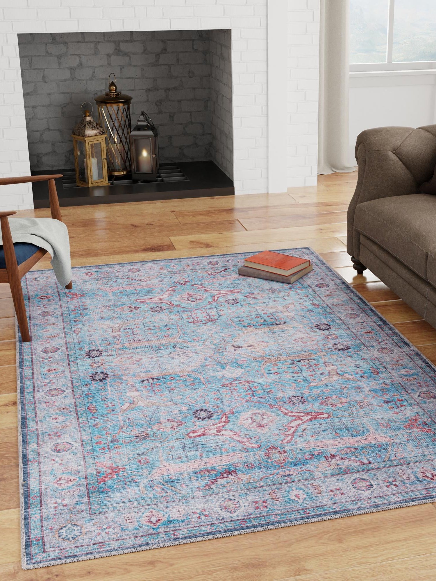Washable Blue 7' 10 x 10' Maahru Rectangle Area Rug Easy to Clean Stain Resistant & Durable Polyester Chenille Carpet for Living, Dining, Bedrooms, Kitchen for Sale at Rug Engine