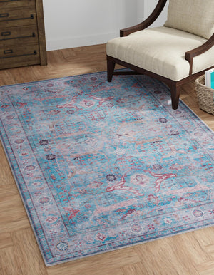 Washable Blue 9' 2 x 12' Maahru Rectangle Area Rug Easy to Clean Stain Resistant & Durable Polyester Chenille Carpet for Living, Dining, Bedrooms, Kitchen for Sale at Rug Engine