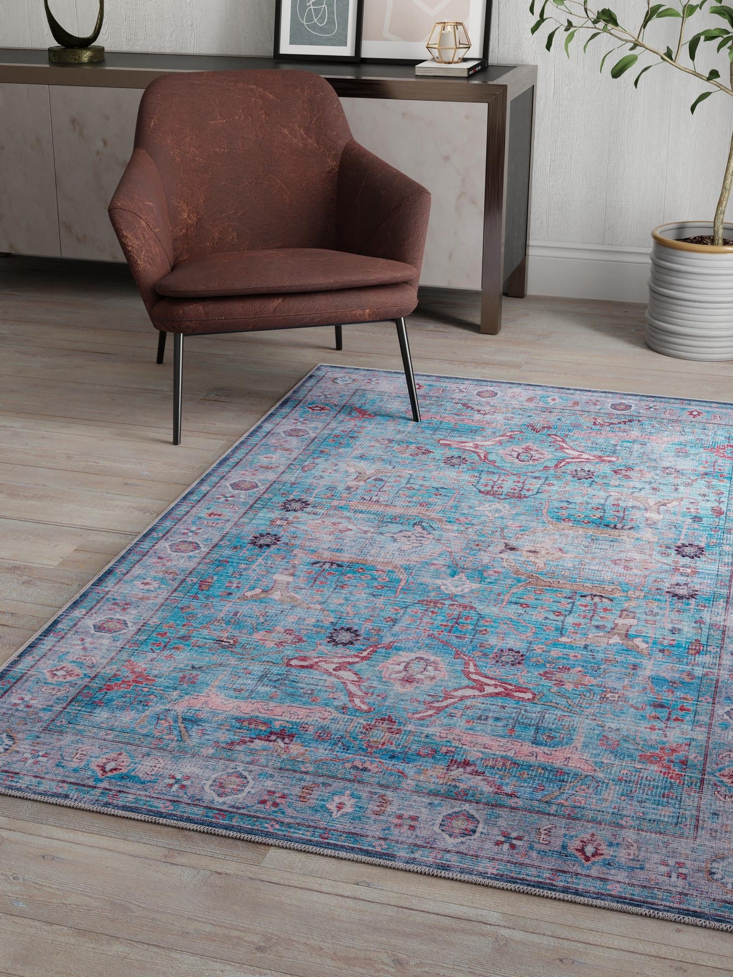 Washable Blue 7' 10 x 10' Maahru Rectangle Area Rug Easy to Clean Stain Resistant & Durable Polyester Chenille Carpet for Living, Dining, Bedrooms, Kitchen for Sale at Rug Engine