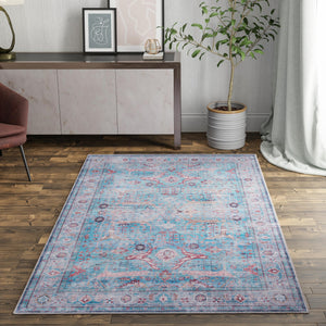 Washable Blue 9' 2 x 12' Maahru Rectangle Area Rug Easy to Clean Stain Resistant & Durable Polyester Chenille Carpet for Living, Dining, Bedrooms, Kitchen for Sale at Rug Engine