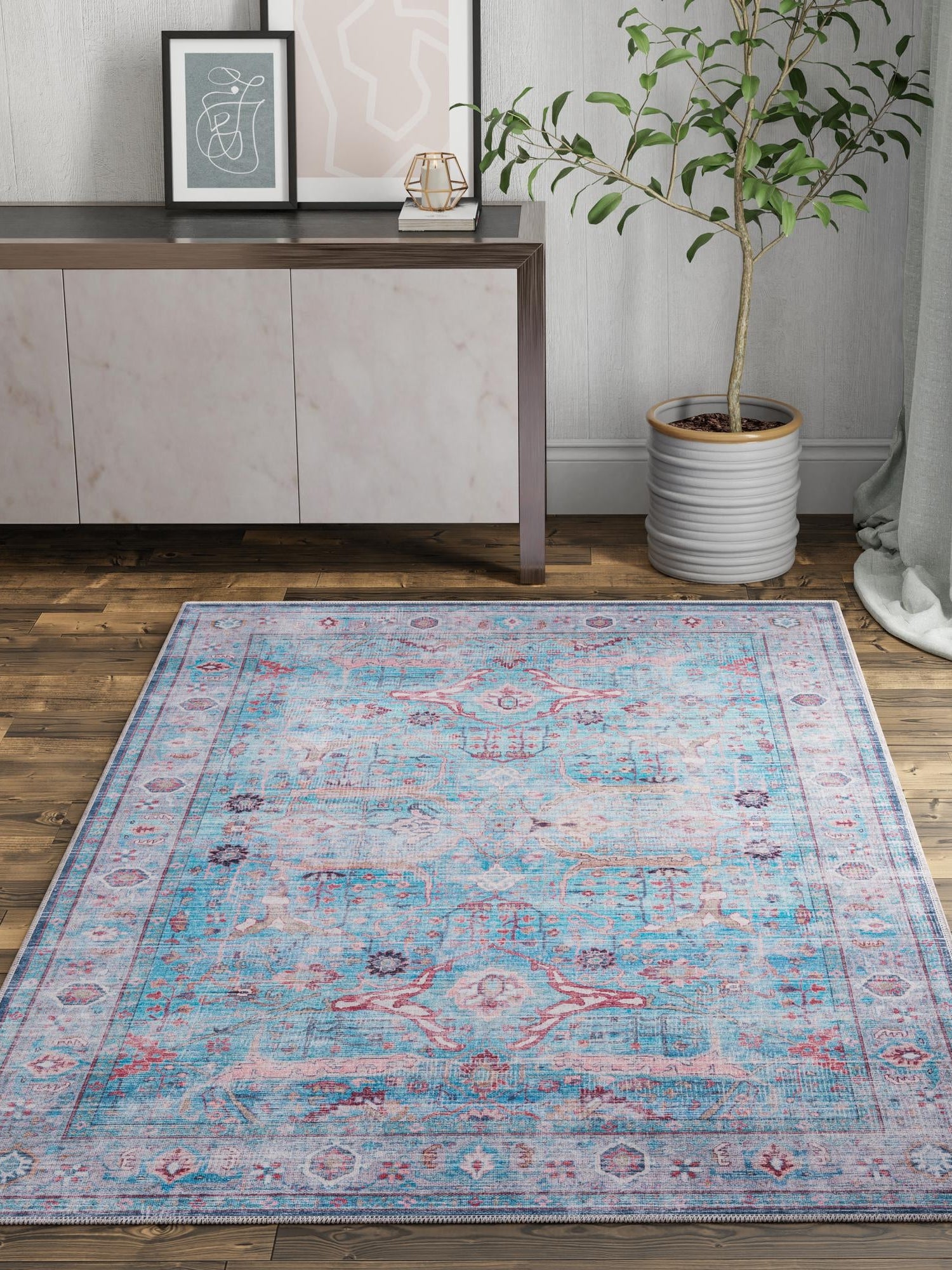 Washable Blue 7' 10 x 10' Maahru Rectangle Area Rug Easy to Clean Stain Resistant & Durable Polyester Chenille Carpet for Living, Dining, Bedrooms, Kitchen for Sale at Rug Engine