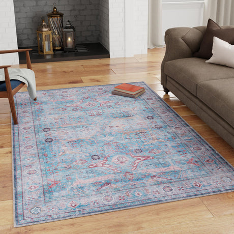 Washable Blue 9' 2 x 12' Maahru Rectangle Area Rug Easy to Clean Stain Resistant & Durable Polyester Chenille Carpet for Living, Dining, Bedrooms, Kitchen for Sale at Rug Engine