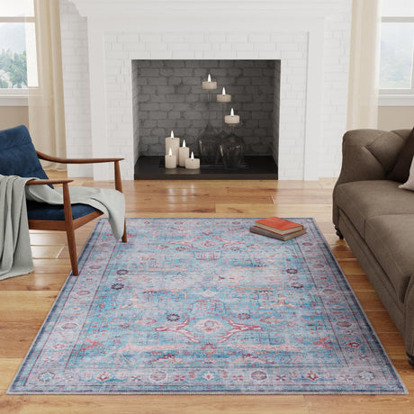 Washable Blue 9' 2 x 12' Maahru Rectangle Area Rug Easy to Clean Stain Resistant & Durable Polyester Chenille Carpet for Living, Dining, Bedrooms, Kitchen for Sale at Rug Engine