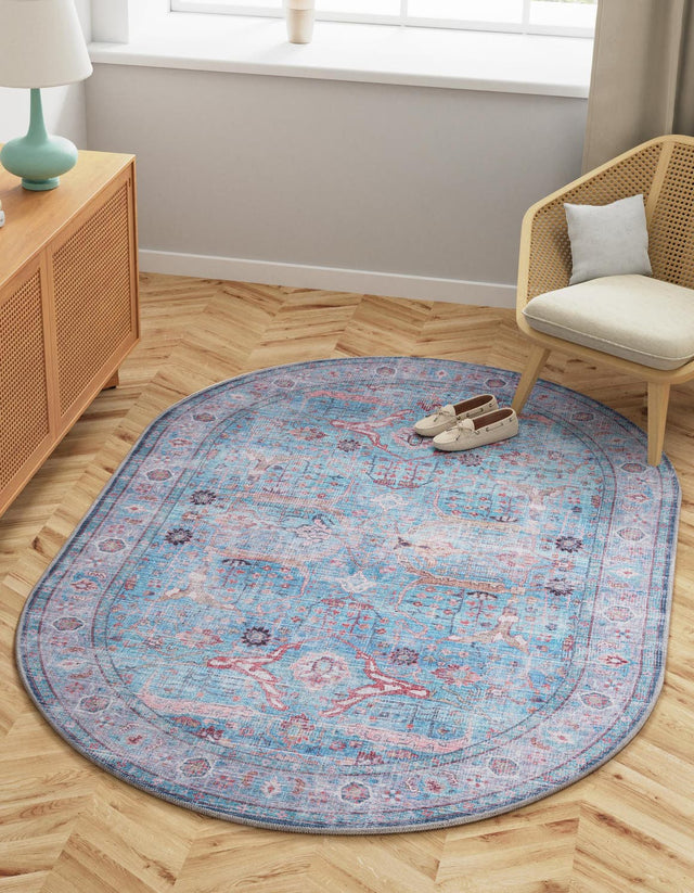 Washable Blue 4' 1 x 6' 1 Maahru Oval Area Rug Easy to Clean Stain Resistant & Durable Polyester Chenille Carpet for Living, Dining, Bedrooms, Kitchen for Sale at Rug Engine