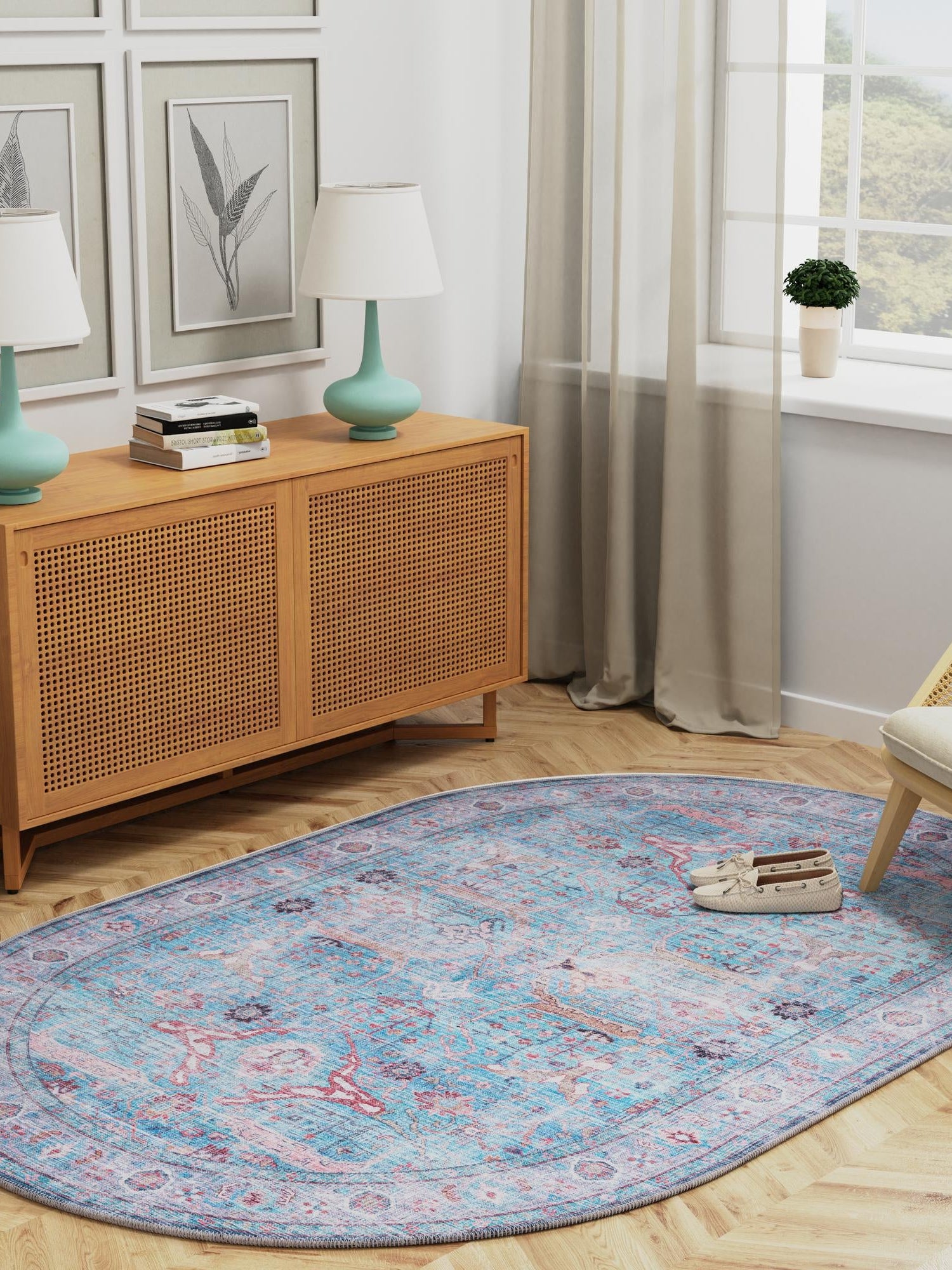 Washable Blue 5' 3 x 8' Maahru Oval Area Rug Easy to Clean Stain Resistant & Durable Polyester Chenille Carpet for Living, Dining, Bedrooms, Kitchen for Sale at Rug Engine