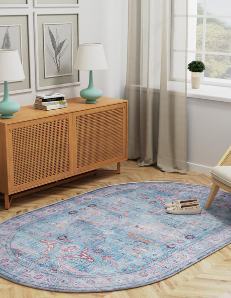 Washable Blue 5' 3 x 8' Maahru Oval Area Rug Easy to Clean Stain Resistant & Durable Polyester Chenille Carpet for Living, Dining, Bedrooms, Kitchen for Sale at Rug Engine